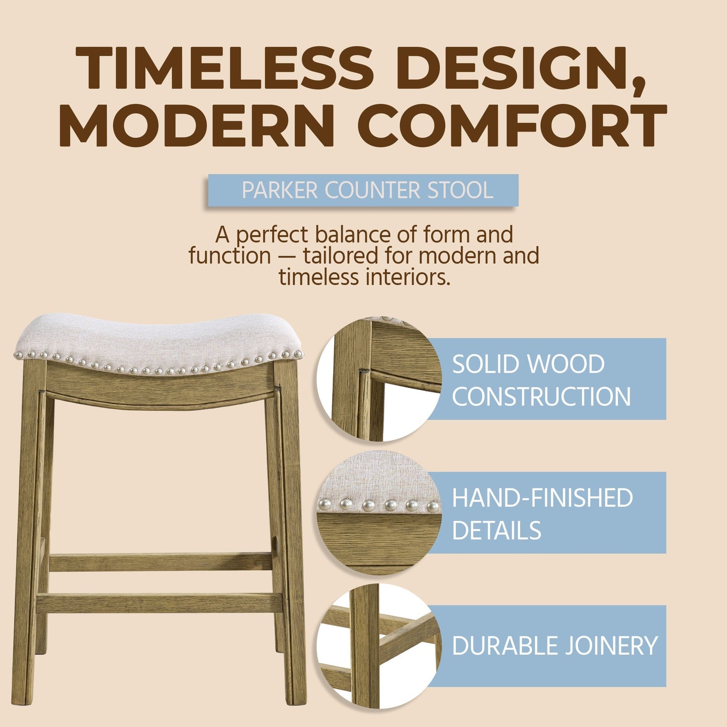 ROME + OAK Parker Backless Saddle Kitchen Counter Stool, Natural, Cream Fabric