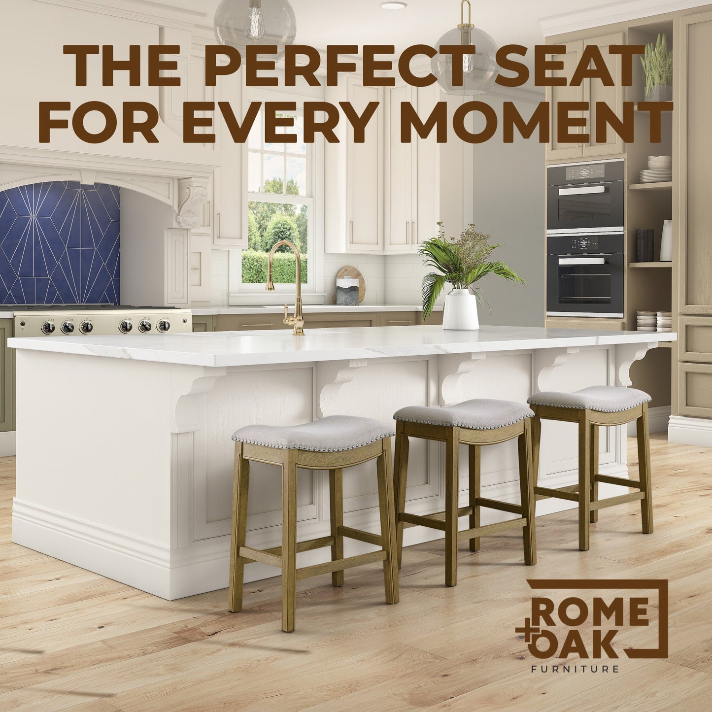 ROME + OAK Parker Backless Saddle Kitchen Counter Stool, Natural, Cream Fabric