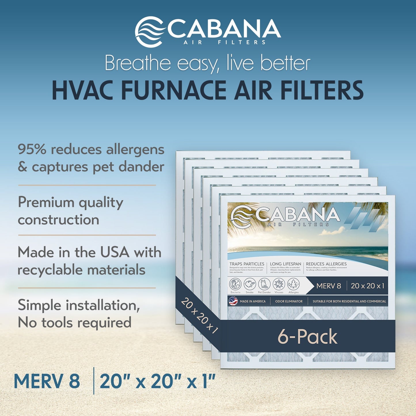 Cabana Air Filters 6 Pack HVAC Furnace Air Filters, MERV 8, 20 x 20 x 1, White