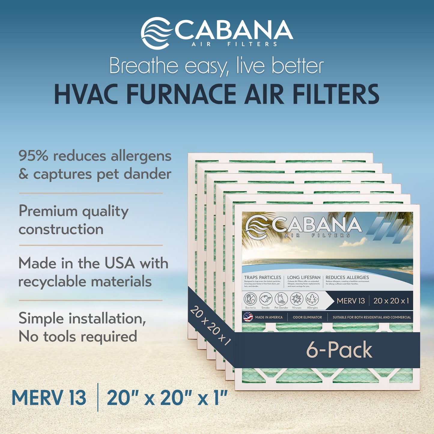 Cabana Air Filters 6 Pack HVAC Furnace Air Filters, MERV 13, 20 x 20 x 1, White