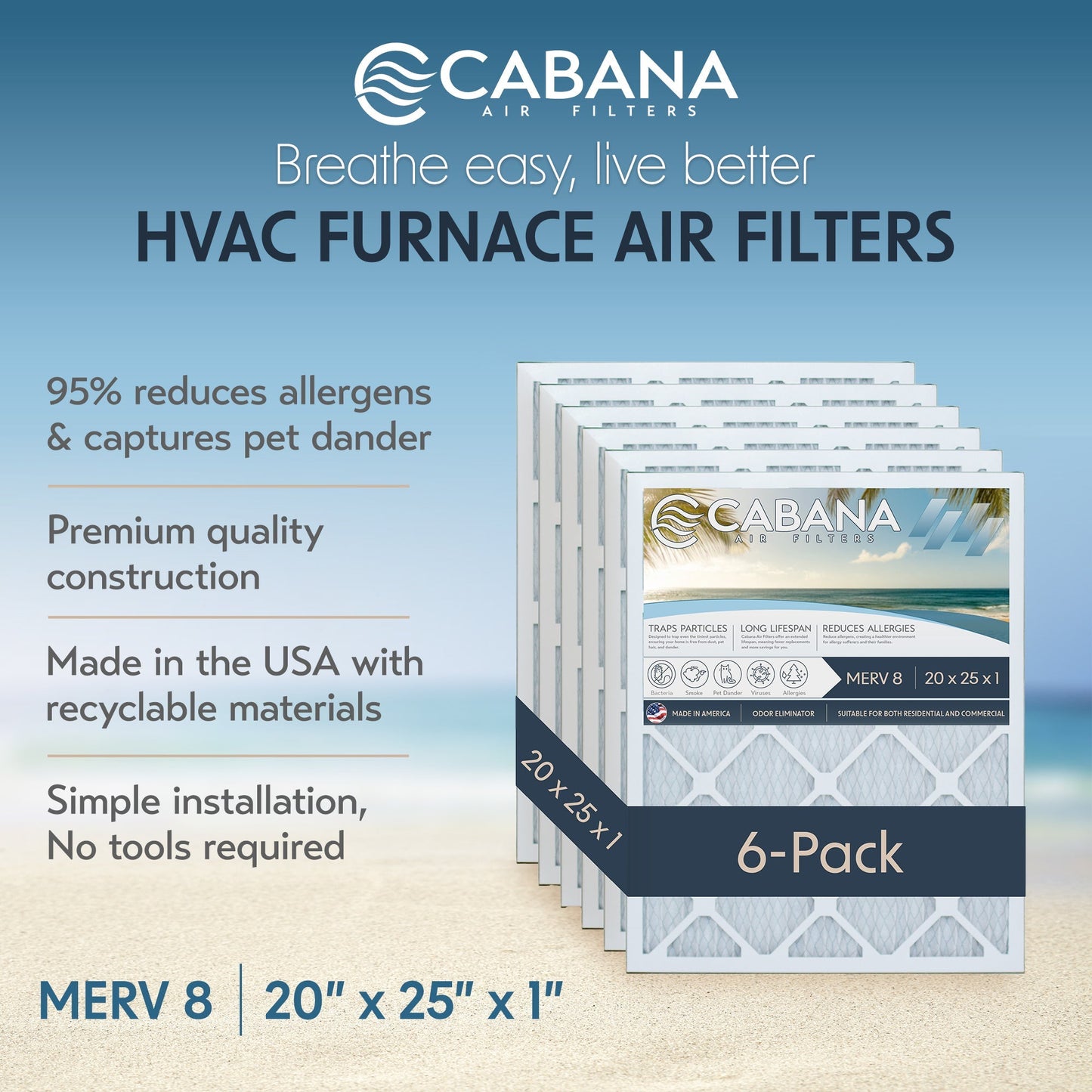 Cabana Air Filters 6 Pack HVAC Furnace Air Filters, MERV 8, 20 x 25 x 1, White