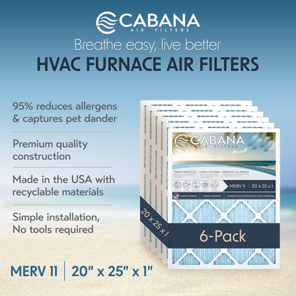 Cabana Air Filters 6 Pack HVAC Furnace Air Filters, MERV 11, 20 x 25 x 1, White