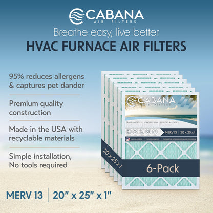 Cabana Air Filters 6 Pack HVAC Furnace Air Filters, MERV 13, 20 x 25 x 1, White