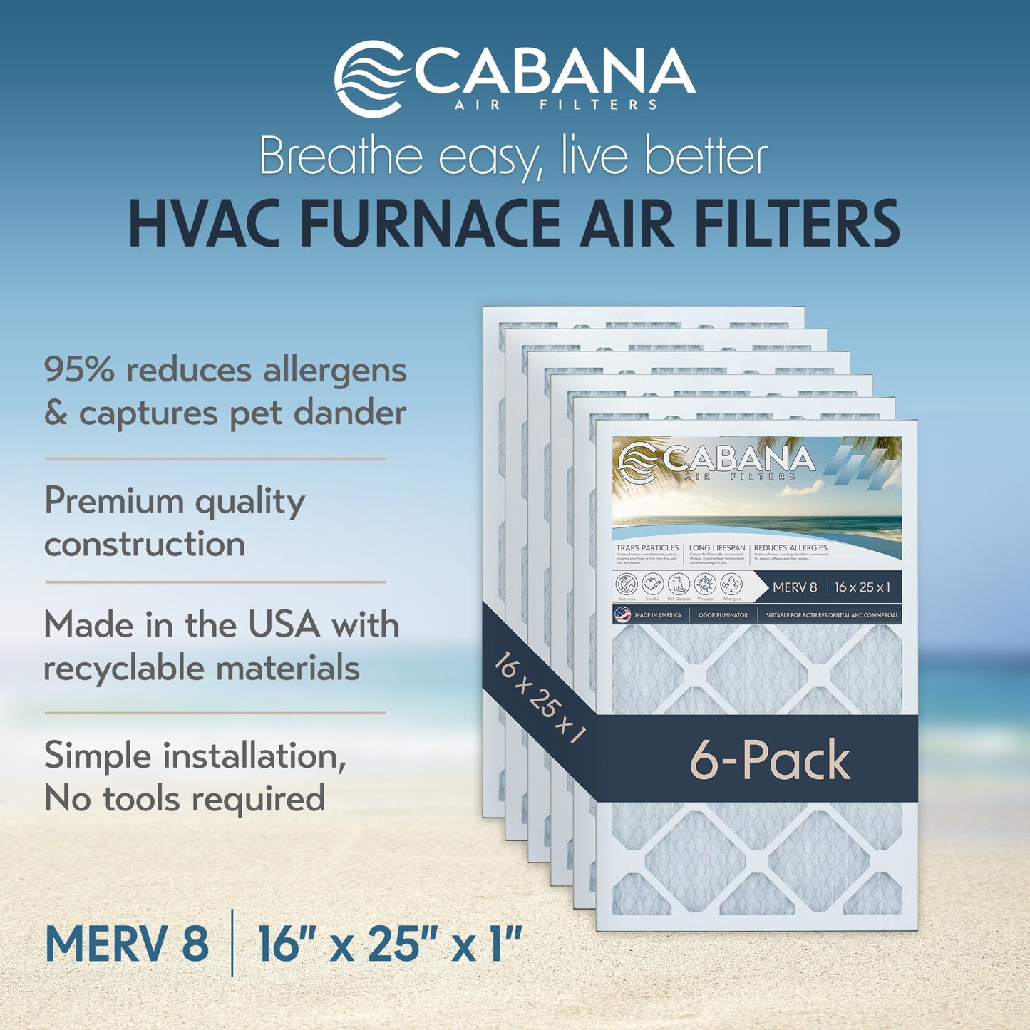 Cabana Air Filters 6 Pack HVAC Furnace Air Filters, MERV 8, 16 x 25 x 1, White