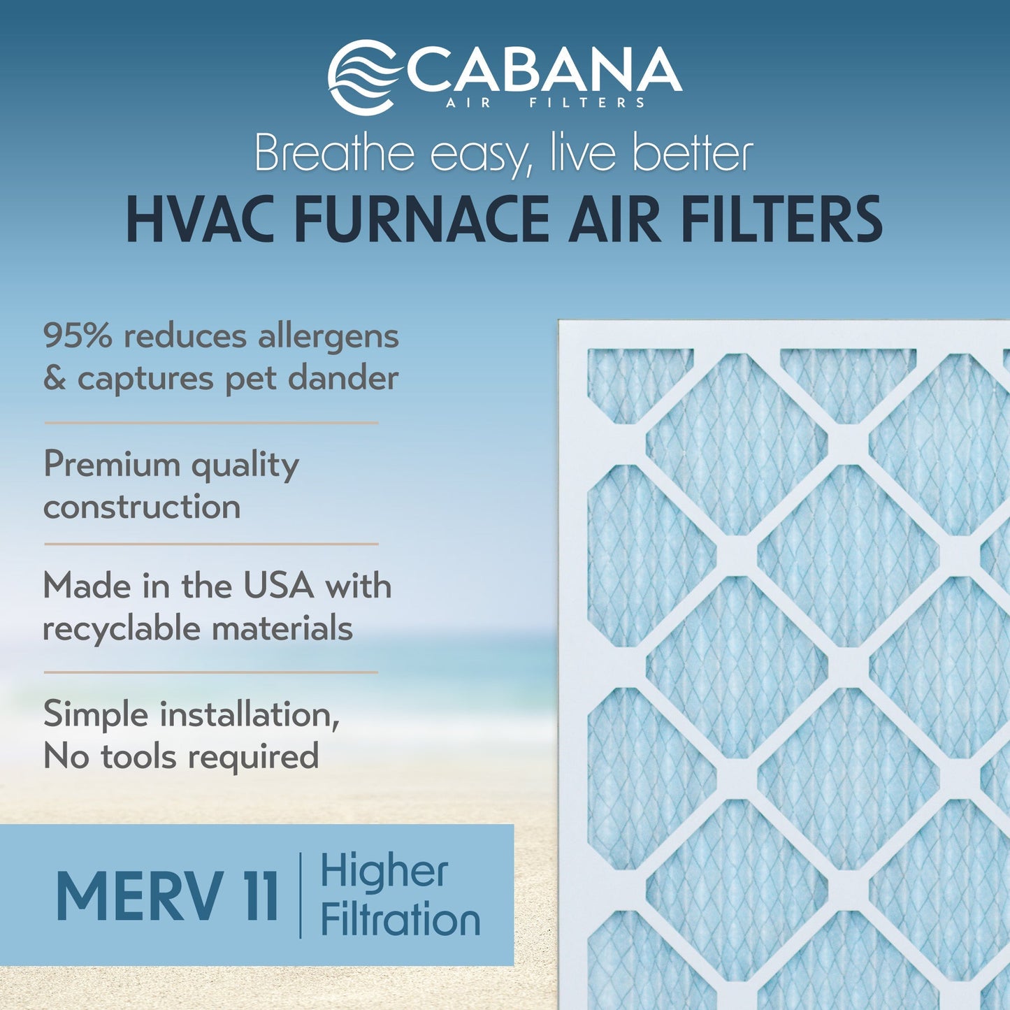Cabana Air Filters 6 Pack HVAC Furnace Air Filters, MERV 11, 16 x 25 x 1, White