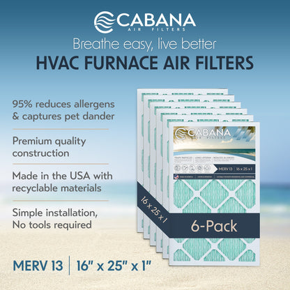 Cabana Air Filters 6 Pack HVAC Furnace Air Filters, MERV 13, 16 x 25 x 1, White