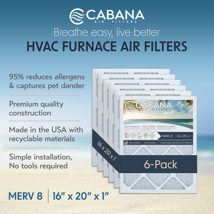 Cabana Air Filters 6 Pack HVAC Furnace Air Filters, MERV 8, 16 x 20 x 1, White