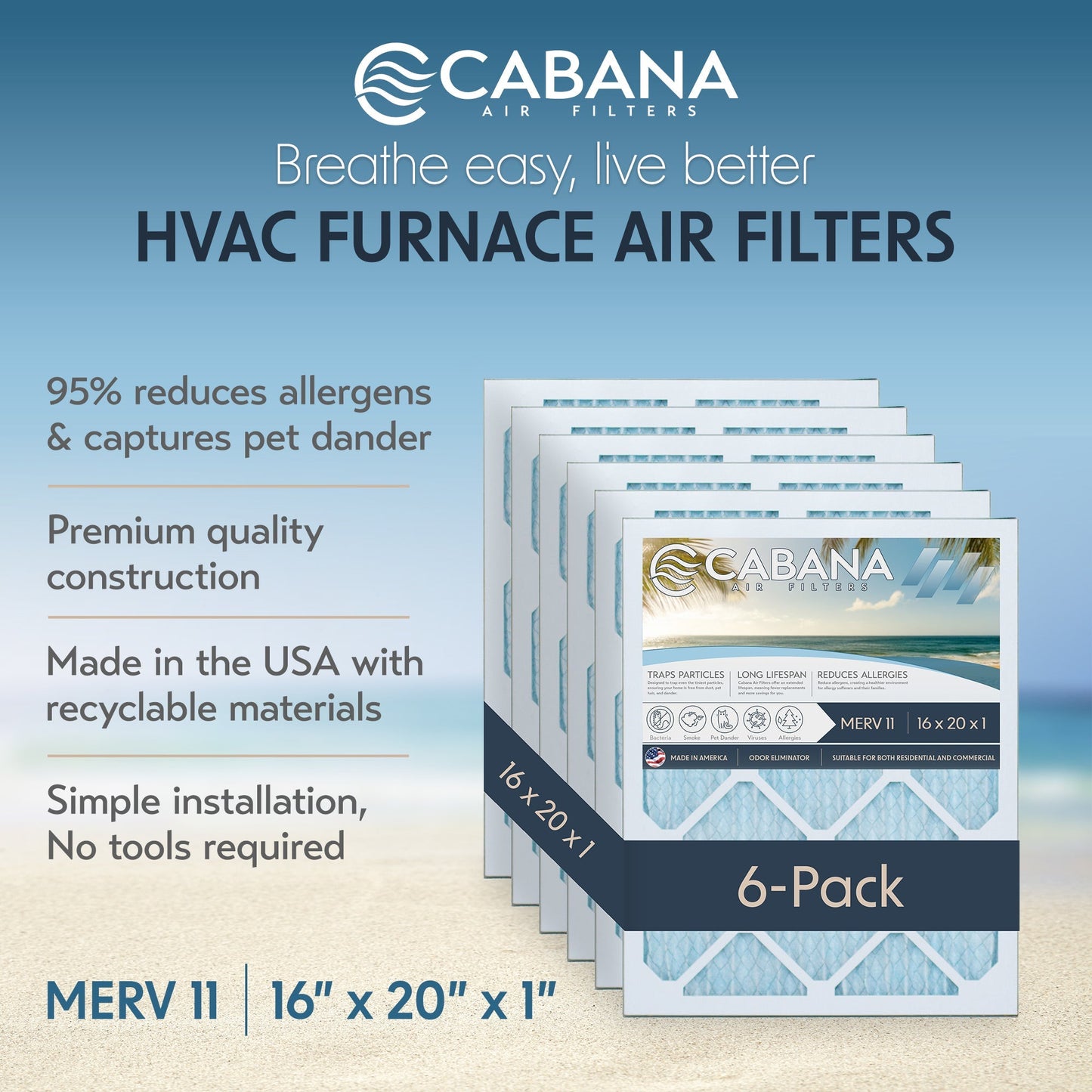Cabana Air Filters 6 Pack HVAC Furnace Air Filters, MERV 11, 16 x 20 x 1, White