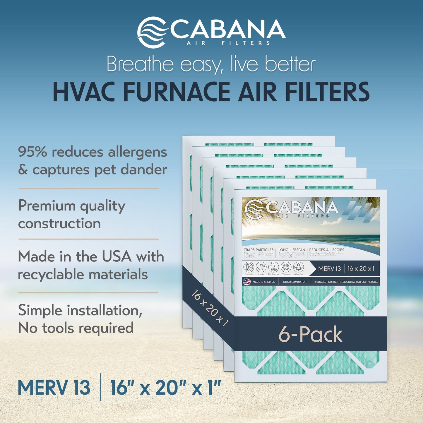 Cabana Air Filters 6 Pack HVAC Furnace Air Filters, MERV 13, 16 x 20 x 1, White