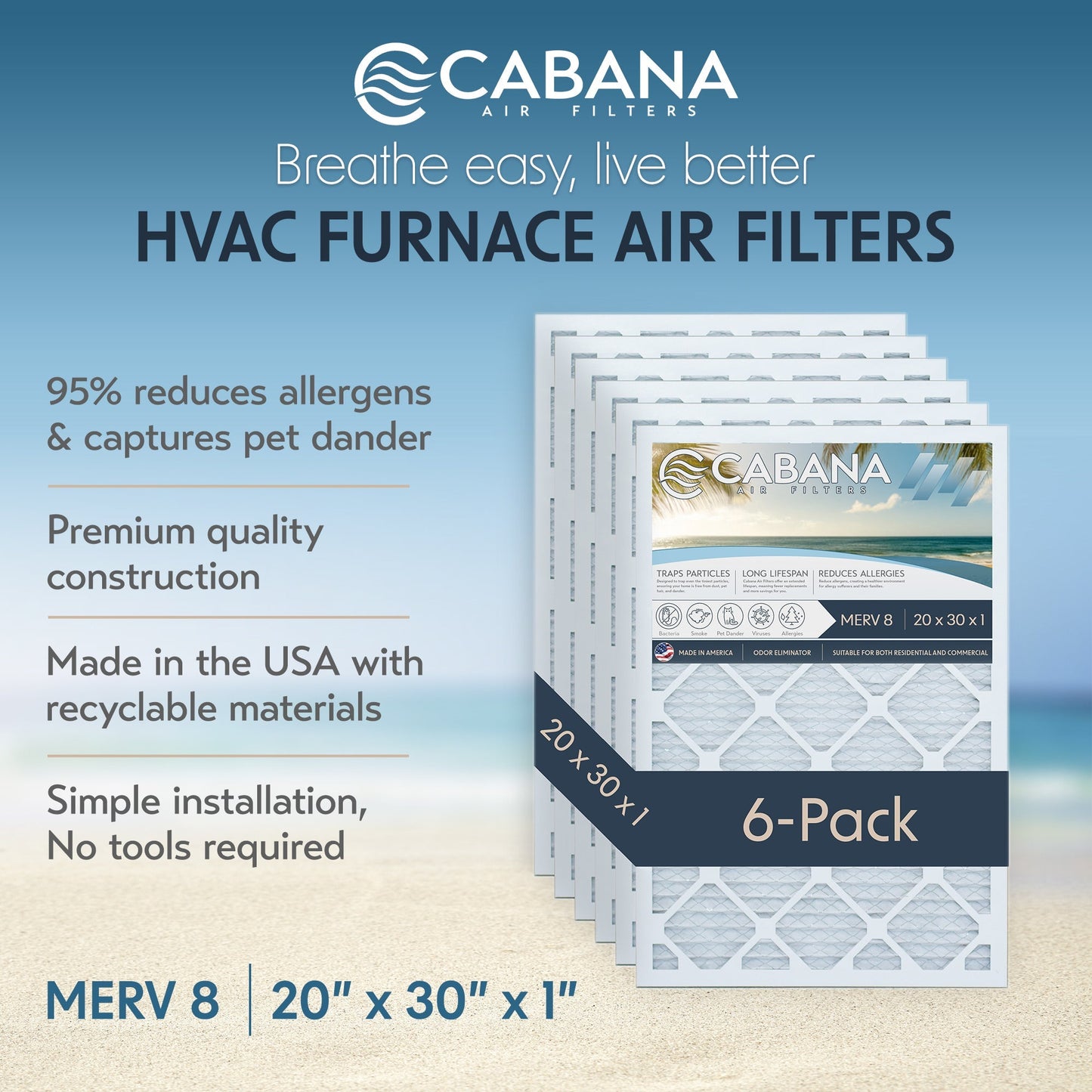 Cabana Air Filters 6 Pack HVAC Furnace Air Filters, MERV 8, 20 x 30 x 1, White