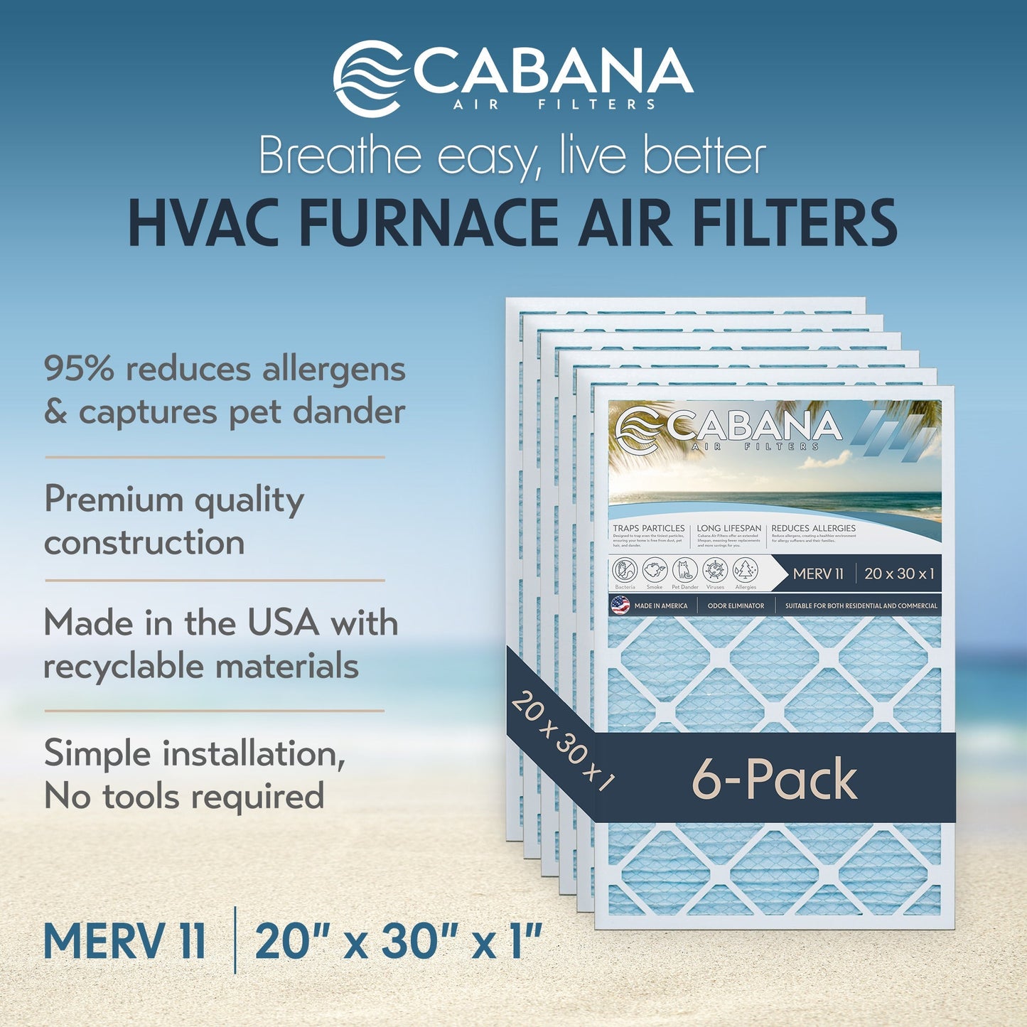 Cabana Air Filters 6 Pack HVAC Furnace Air Filters, MERV 11, 20 x 30 x 1, White