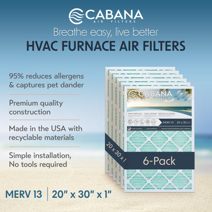 Cabana Air Filters 6 Pack HVAC Furnace Air Filters, MERV 13, 20 x 30 x 1, White