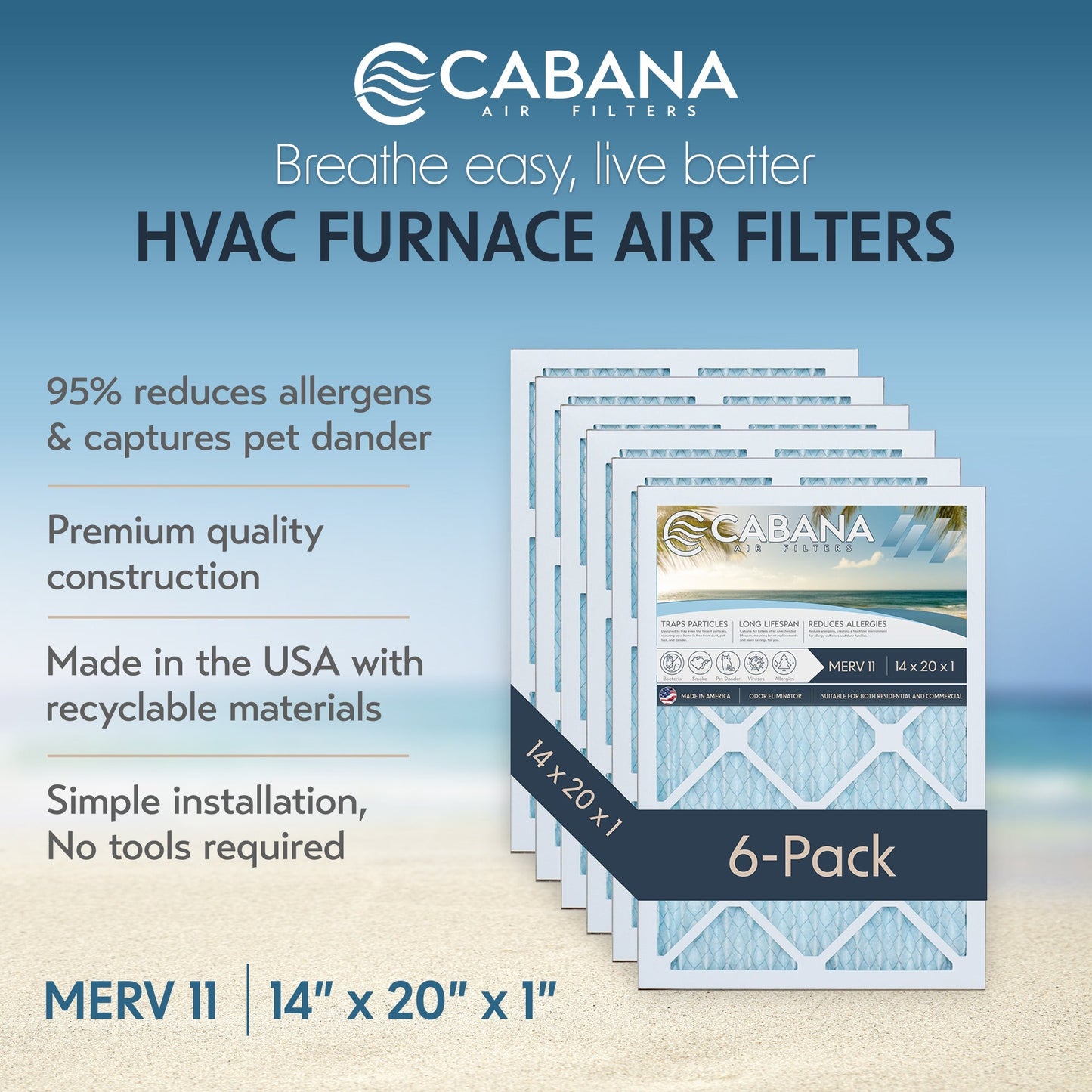 Cabana Air Filters 6 Pack HVAC Furnace Air Filters, MERV 11, 14 x 20 x 1, White