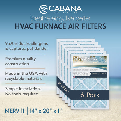 Cabana Air Filters 6 Pack HVAC Furnace Air Filters, MERV 11, 14 x 20 x 1, White