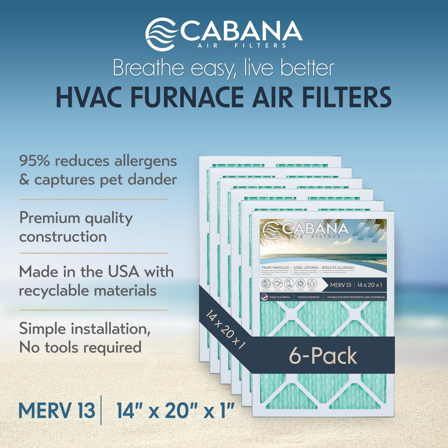 Cabana Air Filters 6 Pack HVAC Furnace Air Filters, MERV 13, 14 x 20 x 1, White