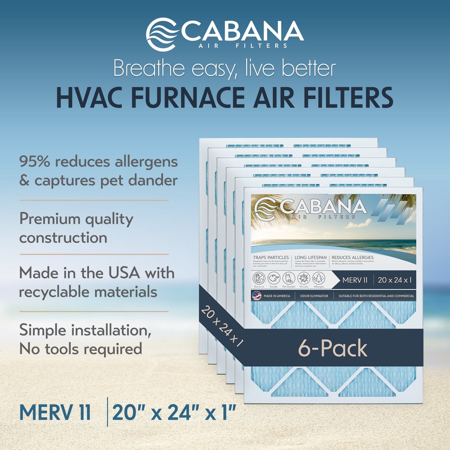 Cabana Air Filters 6 Pack HVAC Furnace Air Filters, MERV 11, 20 x 24 x 1, White