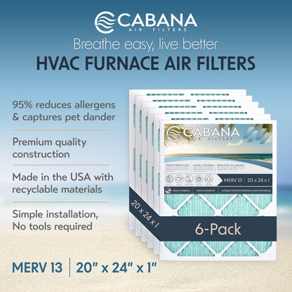 Cabana Air Filters 6 Pack HVAC Furnace Air Filters, MERV 13, 20 x 24 x 1, White