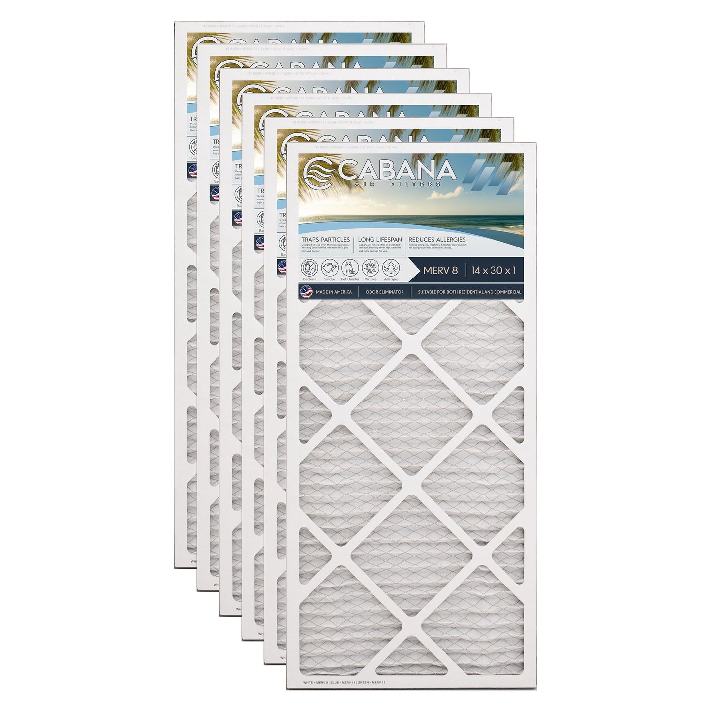 Cabana Air Filters 6 Pack HVAC Furnace Air Filters, MERV 8, 14 x 30 x 1, White