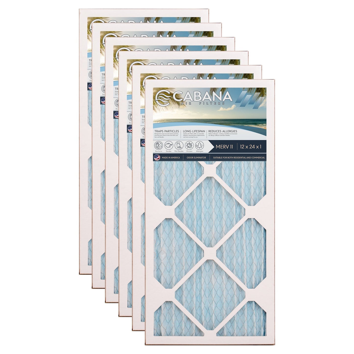 Cabana Air Filters 6 Pack HVAC Furnace Air Filters, MERV 11, 12 x 24 x 1, White