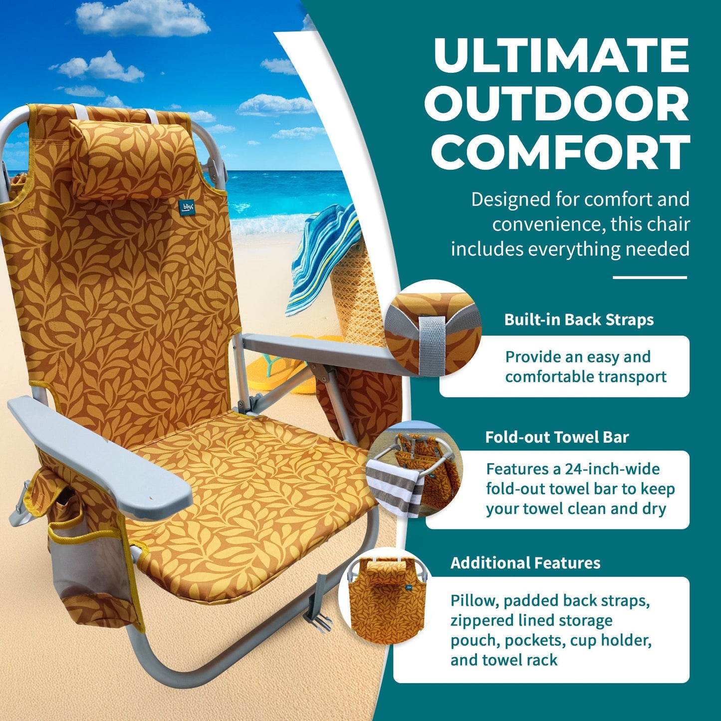Bliss Hammocks Folding Beach Chair Recliner with Detachable Cooler, Amber Leaf