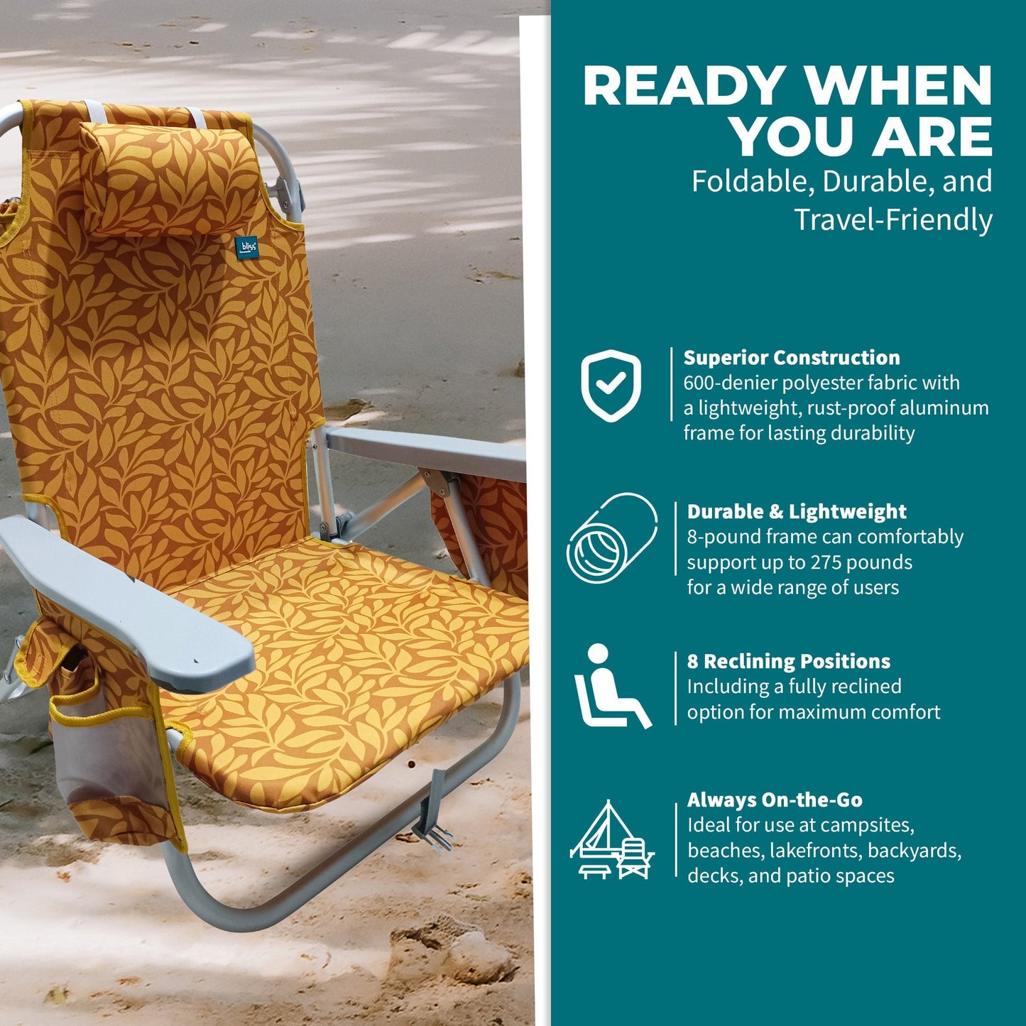 Bliss Hammocks Folding Beach Chair Recliner with Detachable Cooler, Amber Leaf