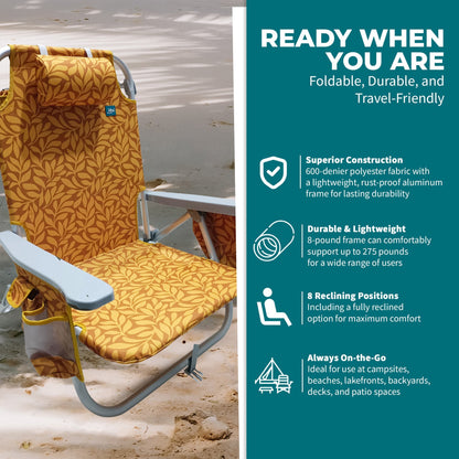 Bliss Hammocks Folding Beach Chair Recliner with Detachable Cooler, Amber Leaf