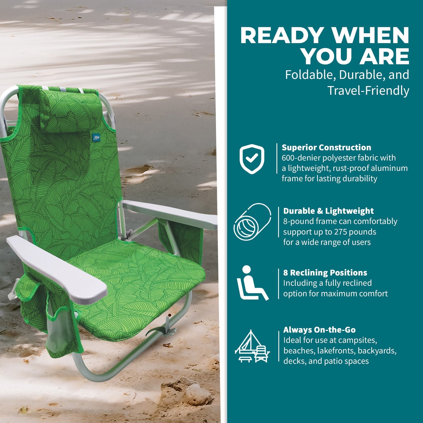 Bliss Hammocks Folding Beach Chair Recliner w/ Detachable Cooler, Banana Leaves