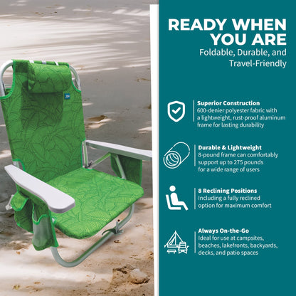 Bliss Hammocks Folding Beach Chair Recliner w/ Detachable Cooler, Banana Leaves