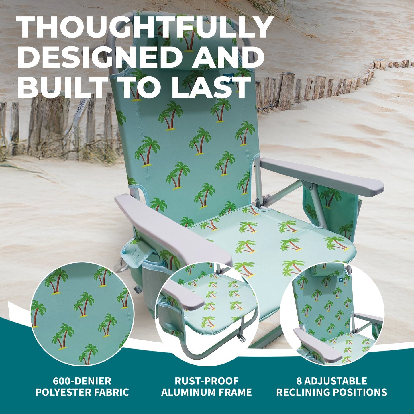 Bliss Hammocks Folding Beach Chair Recliner with Detachable Cooler, Palm Tree