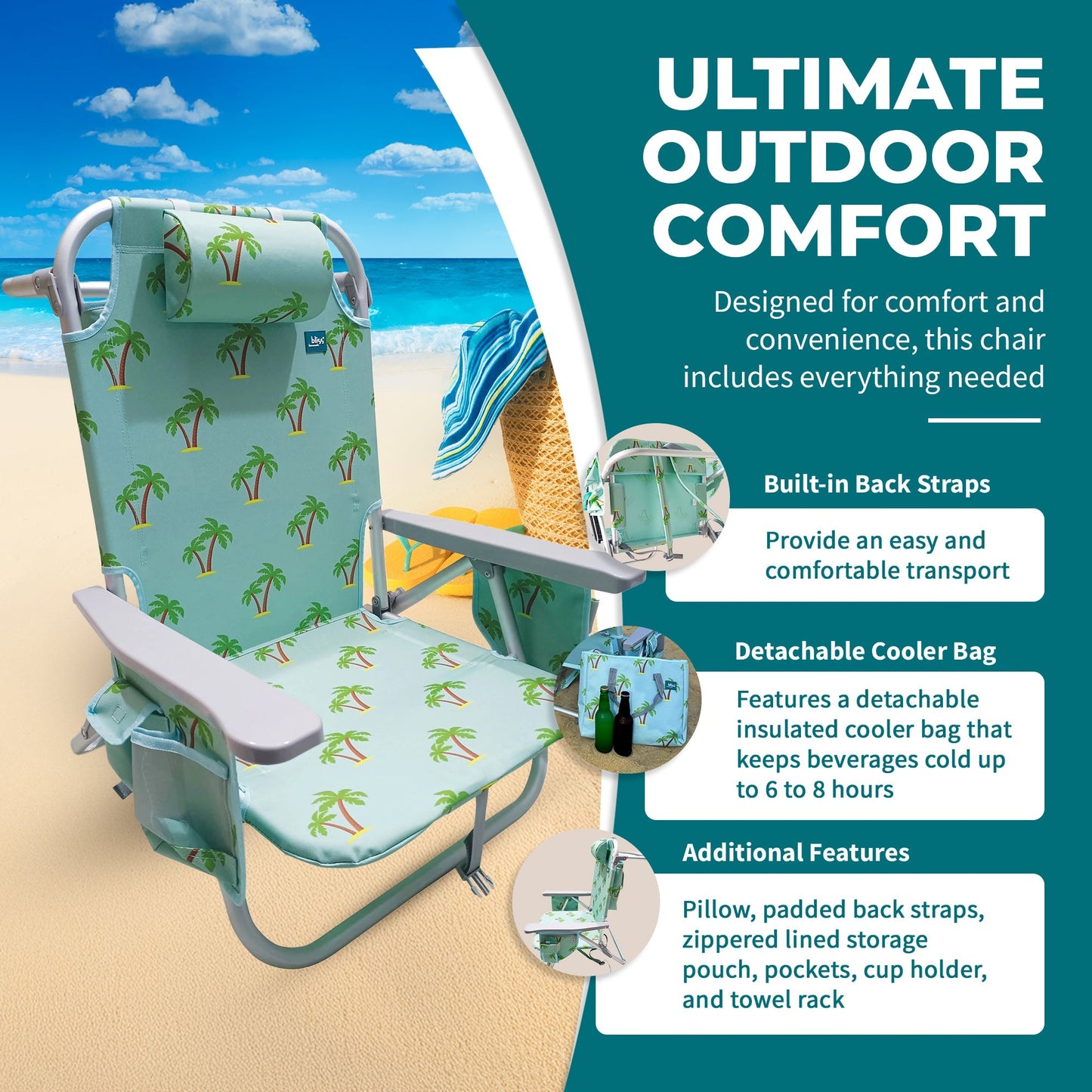 Bliss Hammocks Folding Beach Chair Recliner with Detachable Cooler, Palm Tree