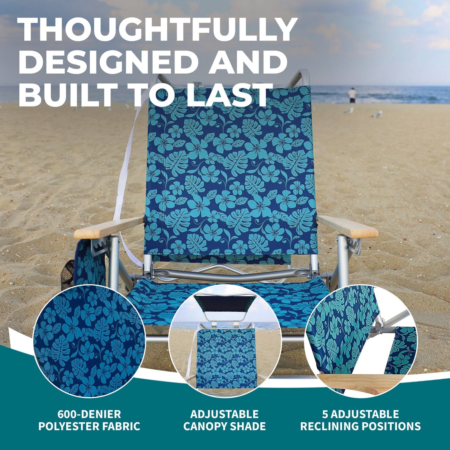 Bliss Hammocks Folding Beach Chair, Backpack Recliner with Canopy, Blue Flower