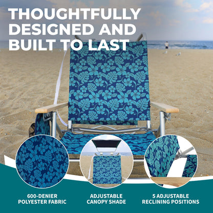 Bliss Hammocks Folding Beach Chair, Backpack Recliner with Canopy, Blue Flower