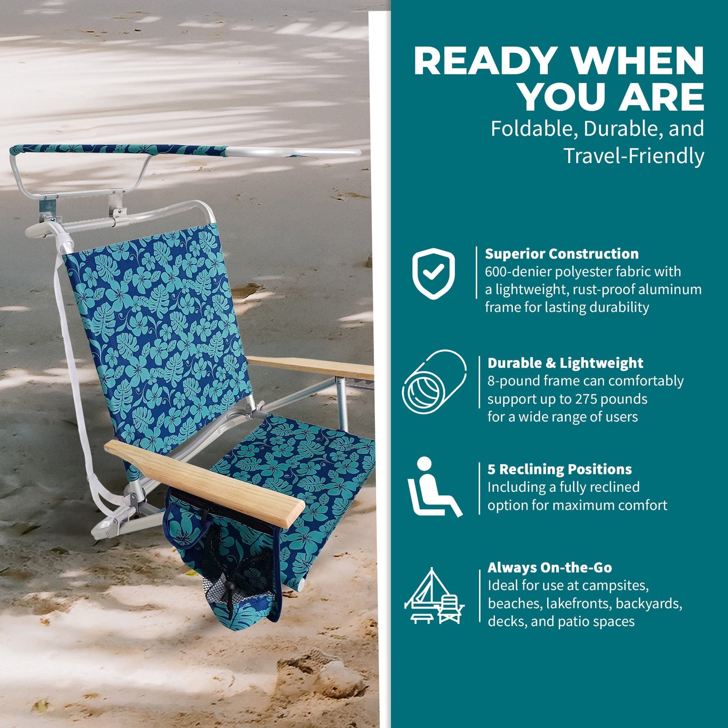 Bliss Hammocks Folding Beach Chair, Backpack Recliner with Canopy, Blue Flower