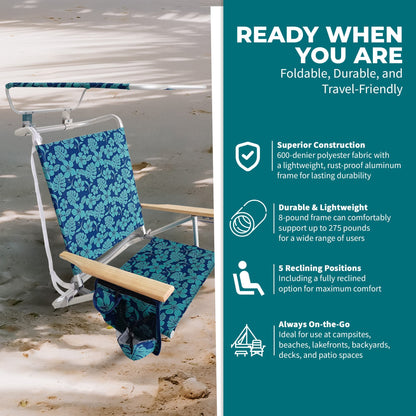 Bliss Hammocks Folding Beach Chair, Backpack Recliner with Canopy, Blue Flower