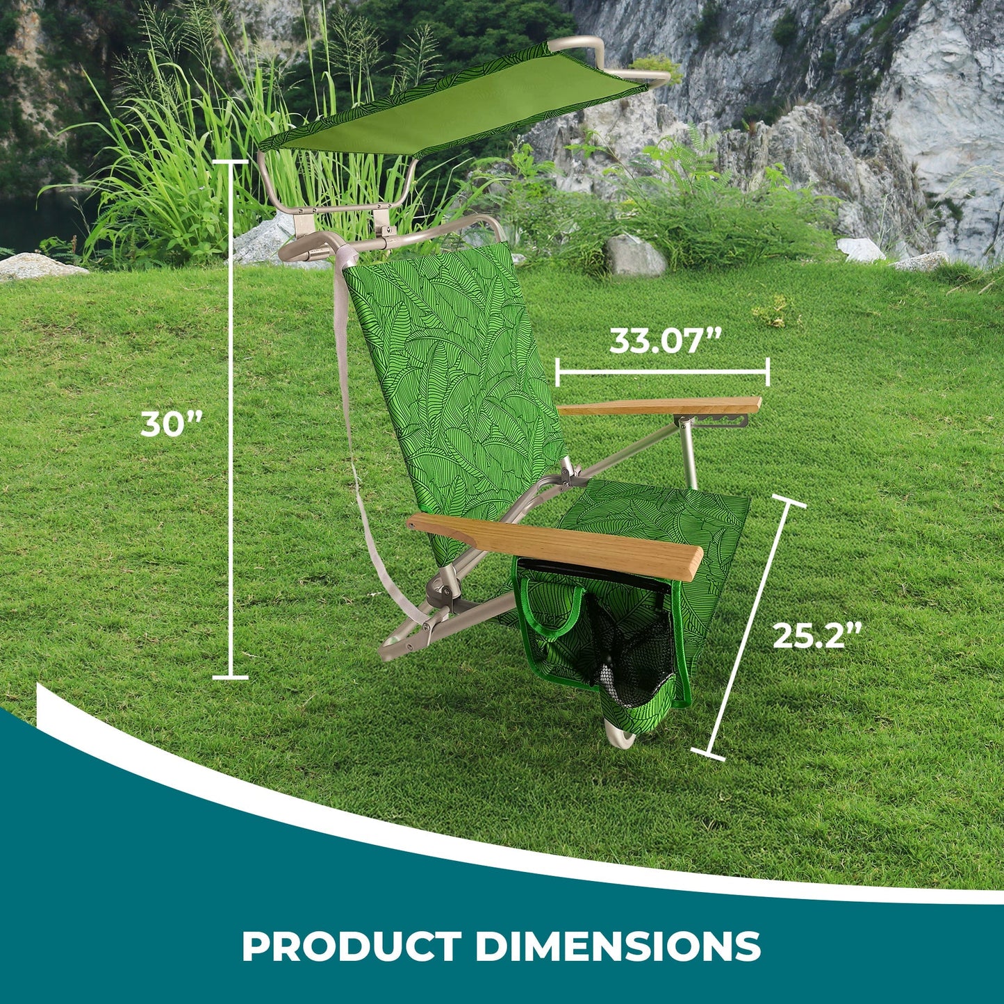 Bliss Hammocks Folding Beach Chair Recliner with Canopy, Green Banana Leaves