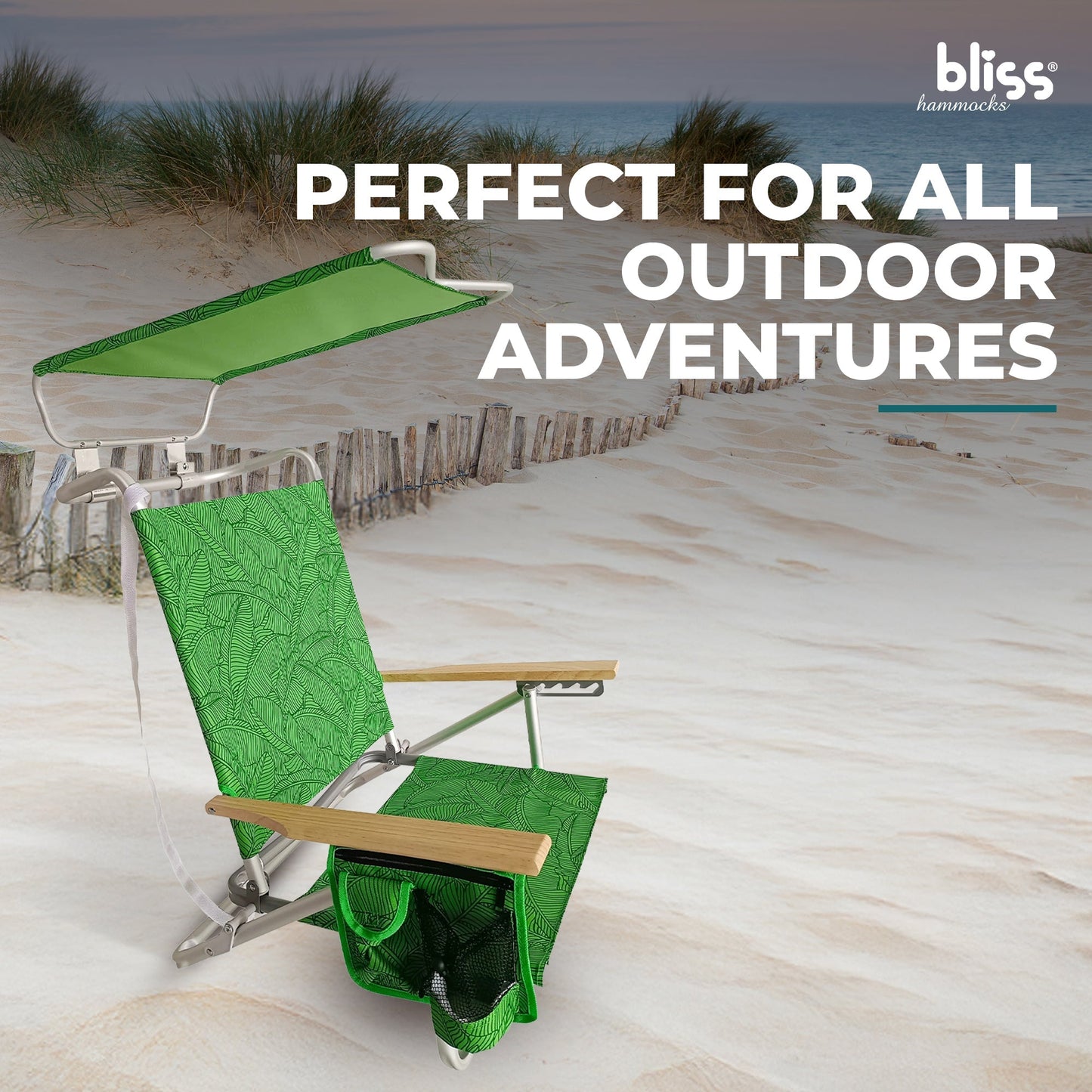 Bliss Hammocks Folding Beach Chair Recliner with Canopy, Green Banana Leaves