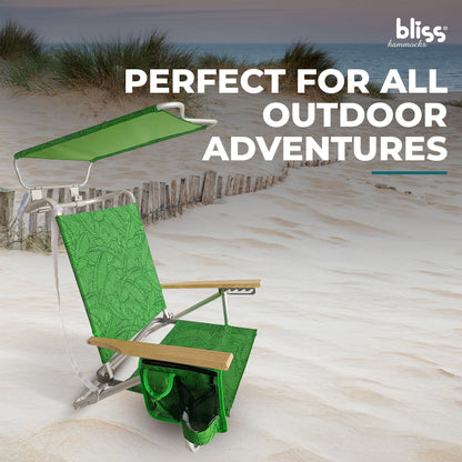 Bliss Hammocks Folding Beach Chair Recliner with Canopy, Green Banana Leaves