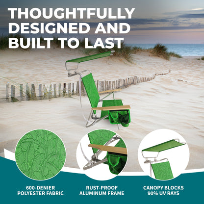 Bliss Hammocks Folding Beach Chair Recliner with Canopy, Green Banana Leaves