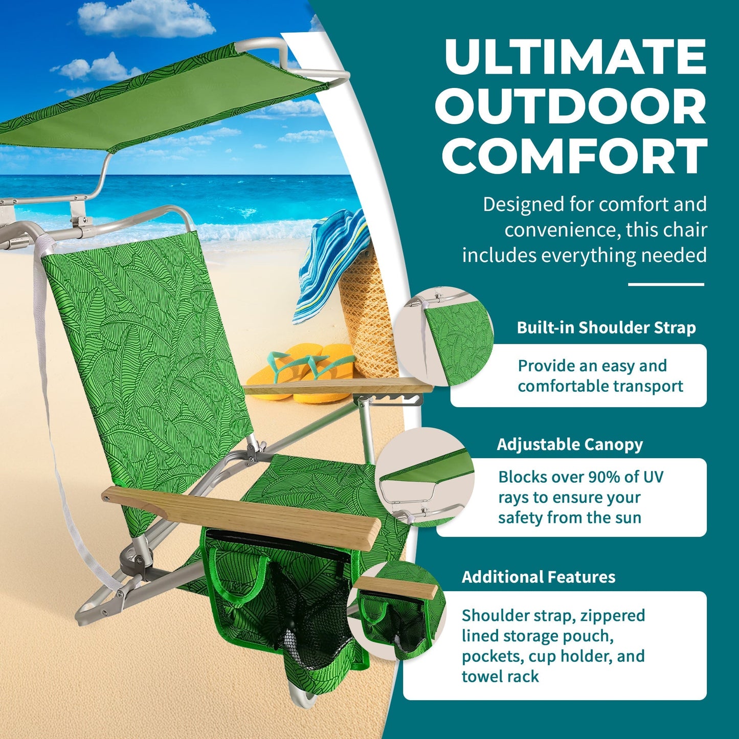 Bliss Hammocks Folding Beach Chair Recliner with Canopy, Green Banana Leaves
