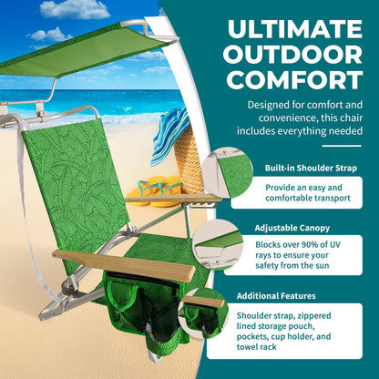 Bliss Hammocks Folding Beach Chair Recliner with Canopy, Green Banana Leaves