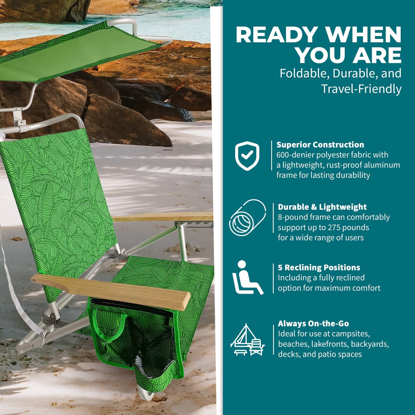 Bliss Hammocks Folding Beach Chair Recliner with Canopy, Green Banana Leaves