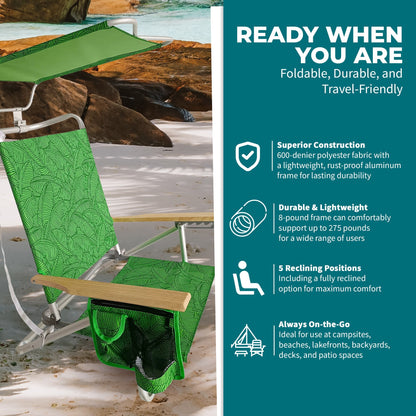 Bliss Hammocks Folding Beach Chair Recliner with Canopy, Green Banana Leaves