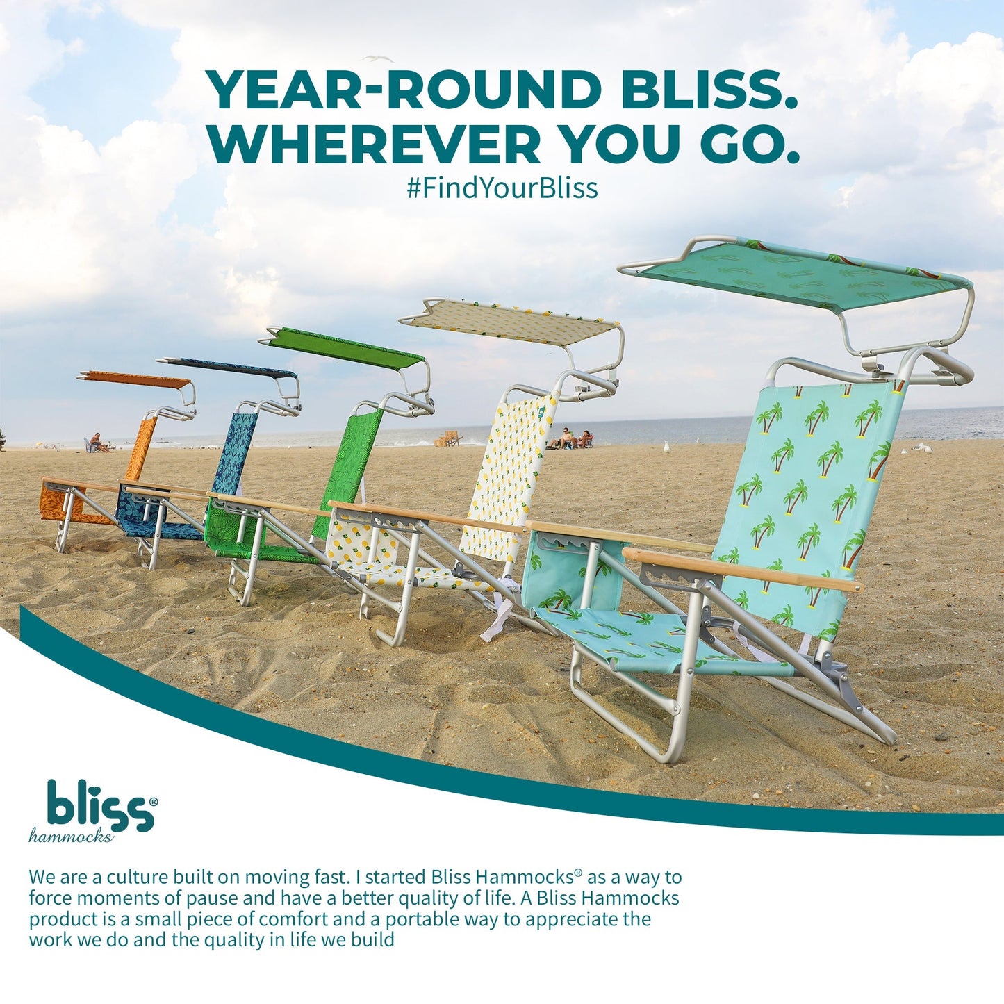 Bliss Hammocks Folding Beach Chair Recliner with Canopy, Green Banana Leaves