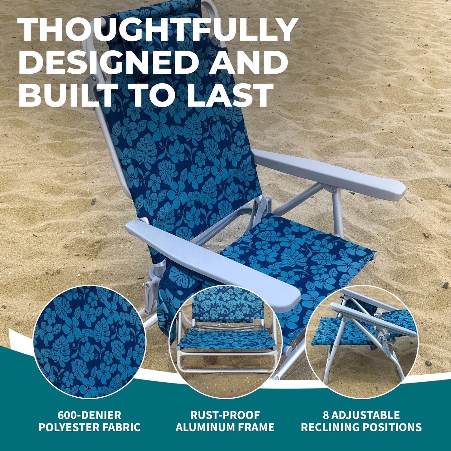 Bliss Hammocks Folding Beach Chair, Backpack Recliner with Towel Rack, Flower