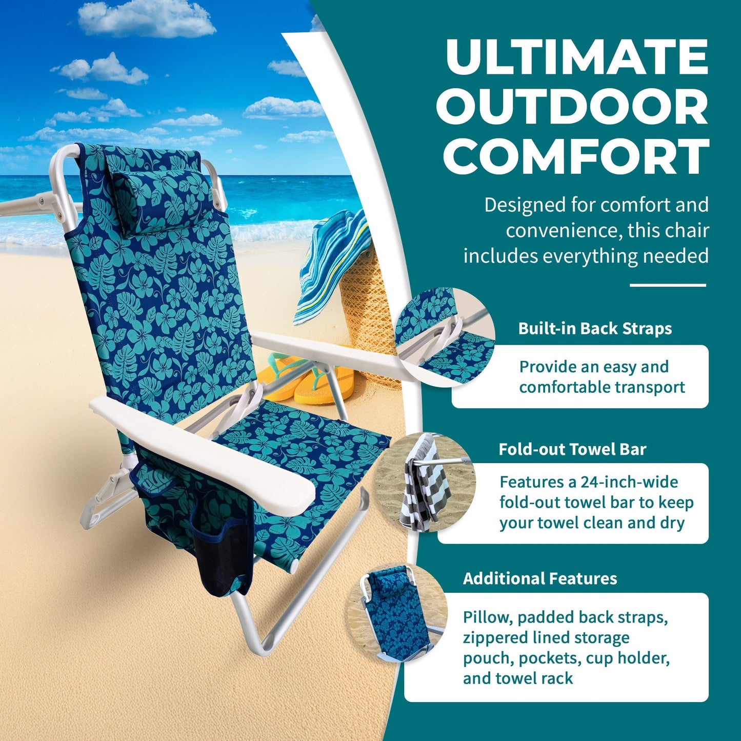 Bliss Hammocks Folding Beach Chair, Backpack Recliner with Towel Rack, Flower