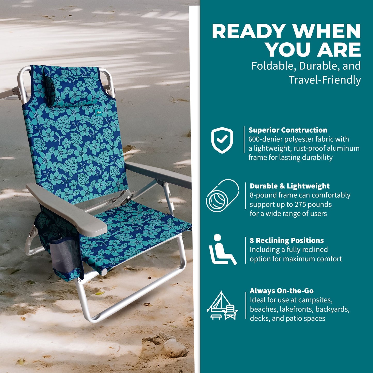 Bliss Hammocks Folding Beach Chair, Backpack Recliner with Towel Rack, Flower