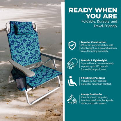 Bliss Hammocks Folding Beach Chair, Backpack Recliner with Towel Rack, Flower