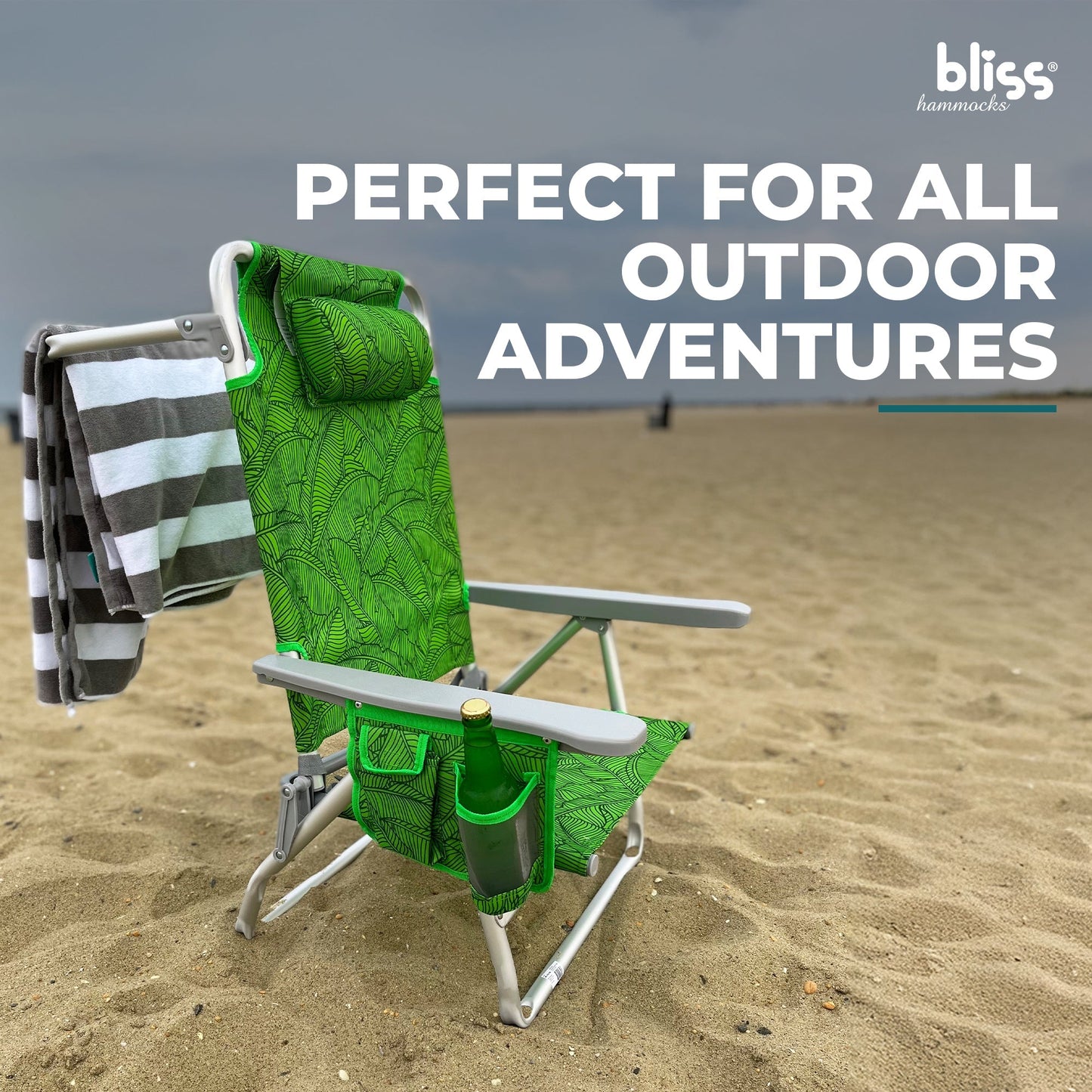 Bliss Hammocks Folding Beach Chair, Recliner with Towel Rack, Banana Leaves