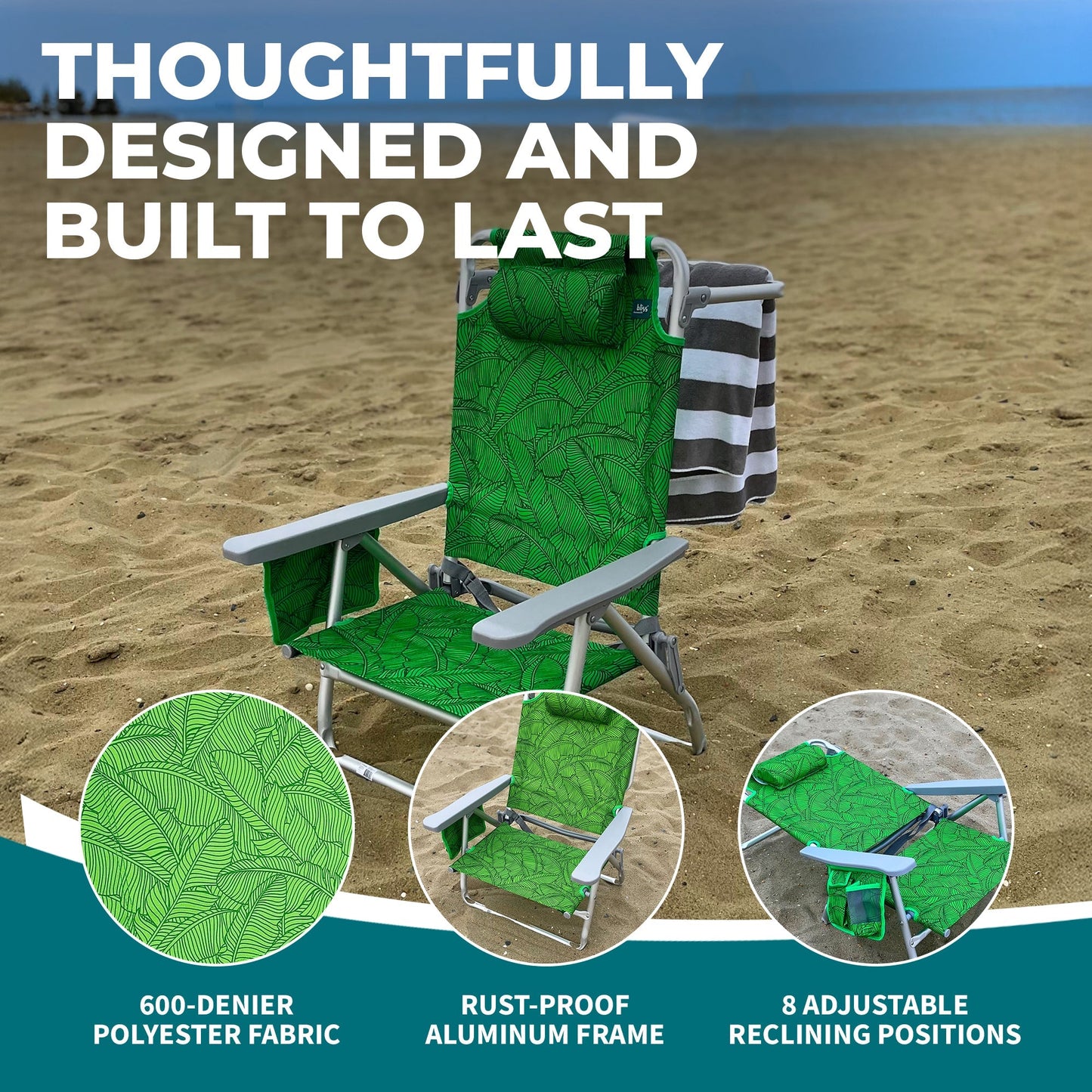 Bliss Hammocks Folding Beach Chair, Recliner with Towel Rack, Banana Leaves