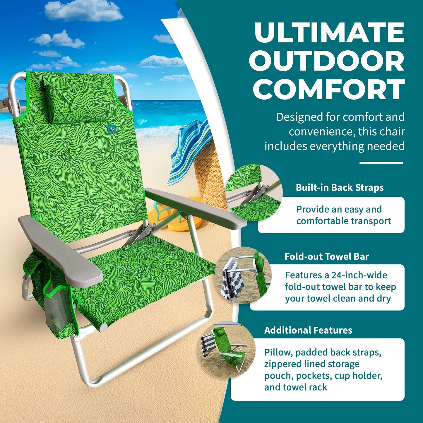 Bliss Hammocks Folding Beach Chair, Recliner with Towel Rack, Banana Leaves